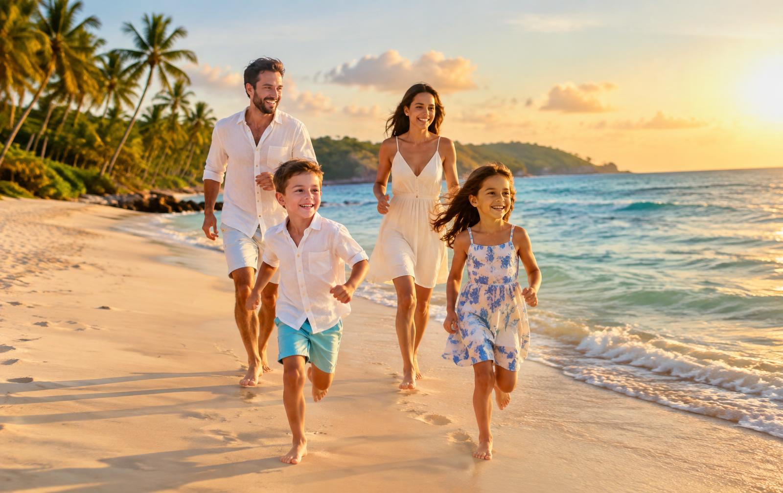 Família correndo na praia ao pôr do sol